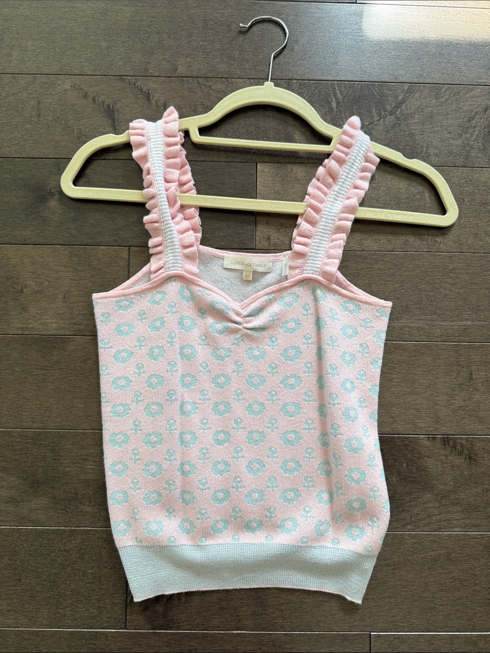 LoveShackFancy Pink Knit Floral V-Neck Tank